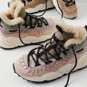 NWOT Flower Mountain + Free People Shearling Suede Sneakers Lilac Pink Tan Gray